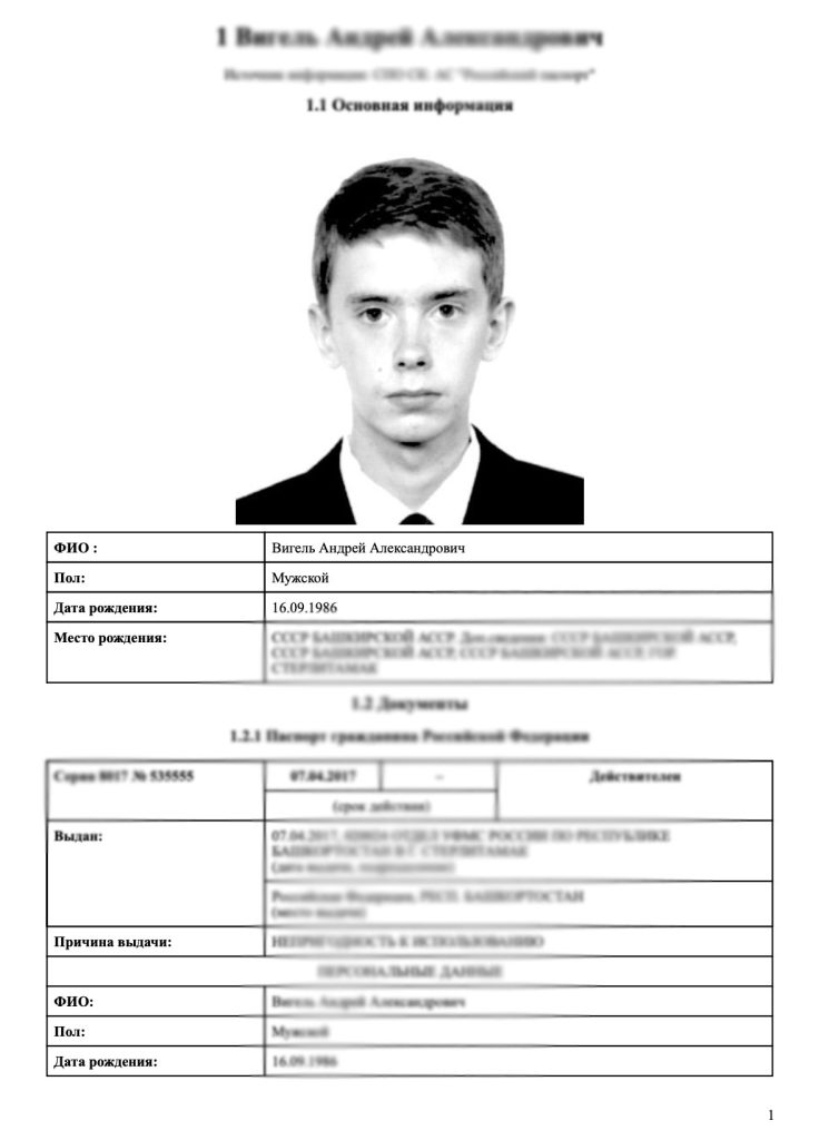 Вігель Андрій картка Російський паспорт